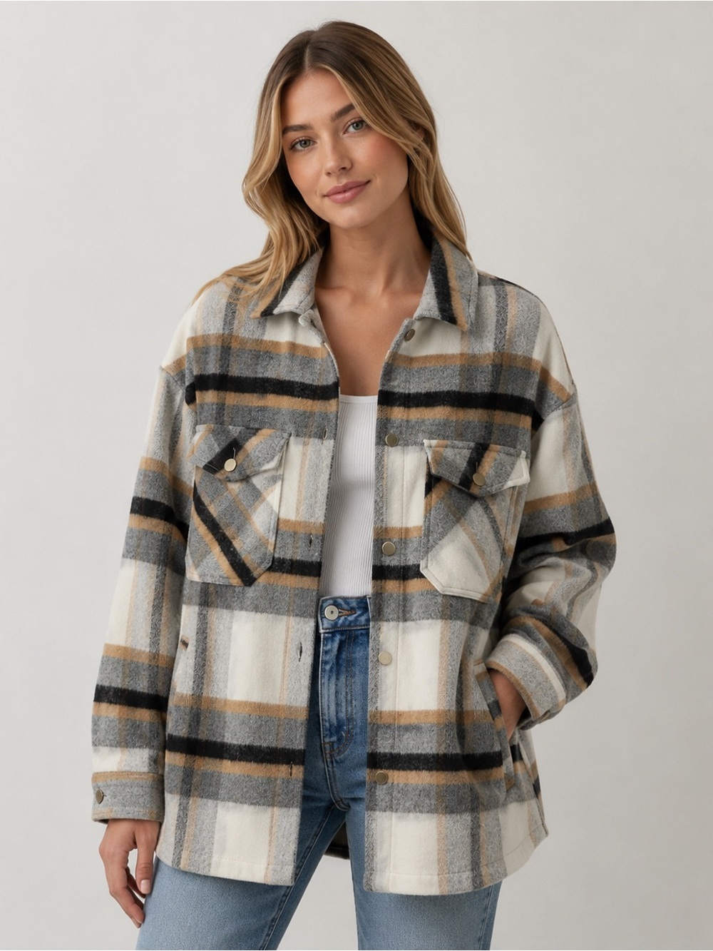 ZARA Plaid Oversized Shacket Overshirt Jacket Cream Grey Camel S